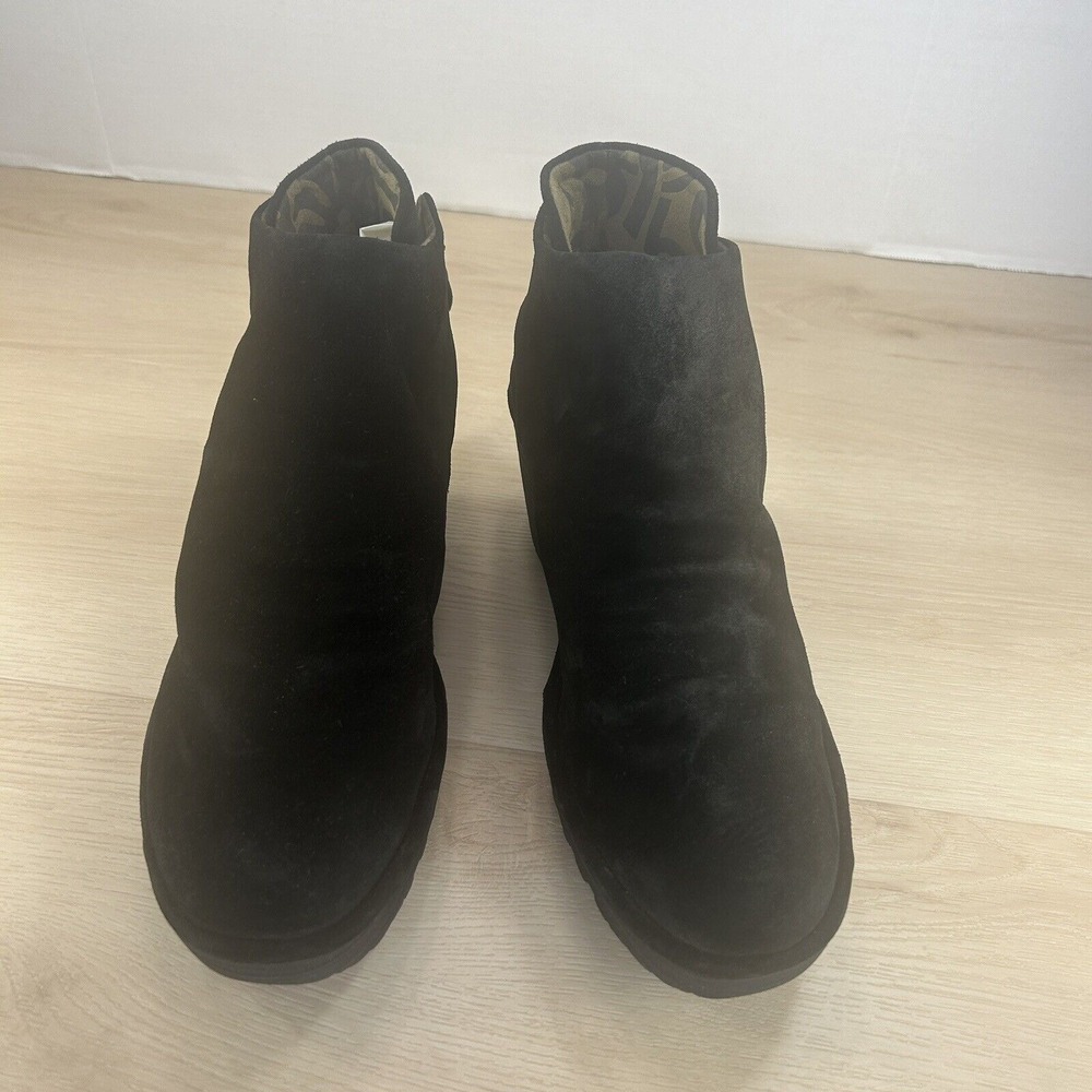 FLY London YEBI Black Suede Ruched Ankle Wedge Boots Tie-Back Womens 40 / 9-9.5 - Picture 7 of 12